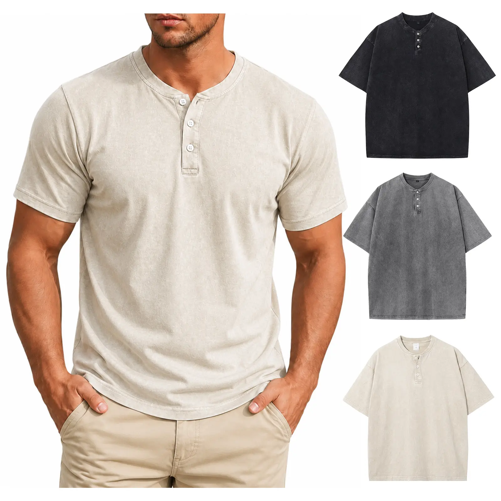 Gihuo Men's 3-Pack Casual Short-Sleeve Henley Shirts - Cotton Acid Wash Vintage Loose Menswear Streetwear Summer Apparel Tees