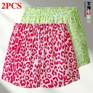 Leopard print elastic waistband drawstring shorts with color-block accents, set of 2; playful mid-rise wild summer sports shorts; breathable fitness shorts; casual sports shorts; trendy fitness apparel