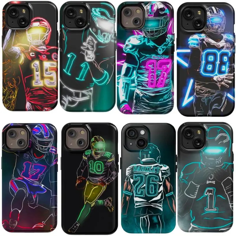 Custom Neon American Footballer Cellphone Case - Dual-Layer Shockproof Polycarbonate & Rubber Protective Cover, Accessories for iPhone 12 13 14 15 16 17 Pro Max Mini Casing