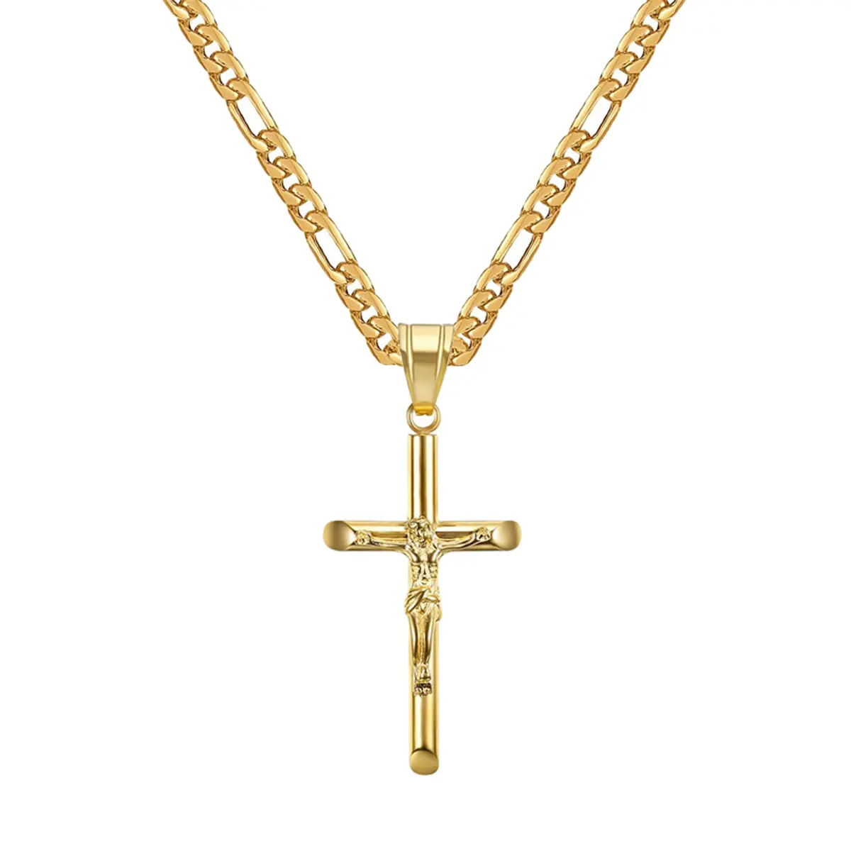 Jemant Minimalist Stainless Steel Crucifix Cross Necklace, 3mm 20inch Figaro Chain, Silver/Gold Christian Faith Jewelry for Men, Ideal Gift for Baptism, Mother's/Father's Day Fashion Accessories