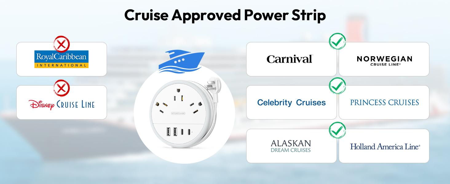 NTONPOWER Travel Power Strip Cruise Approved, 7-in-1 with 3 AC Outlets & 4 USB (2 USB-C), Flat Plug 4FT Wrapped Around Extension Cord, Travel Essentials for Cruise, Hotel & Dorm, Purple Round Strip, Smart USB Charging