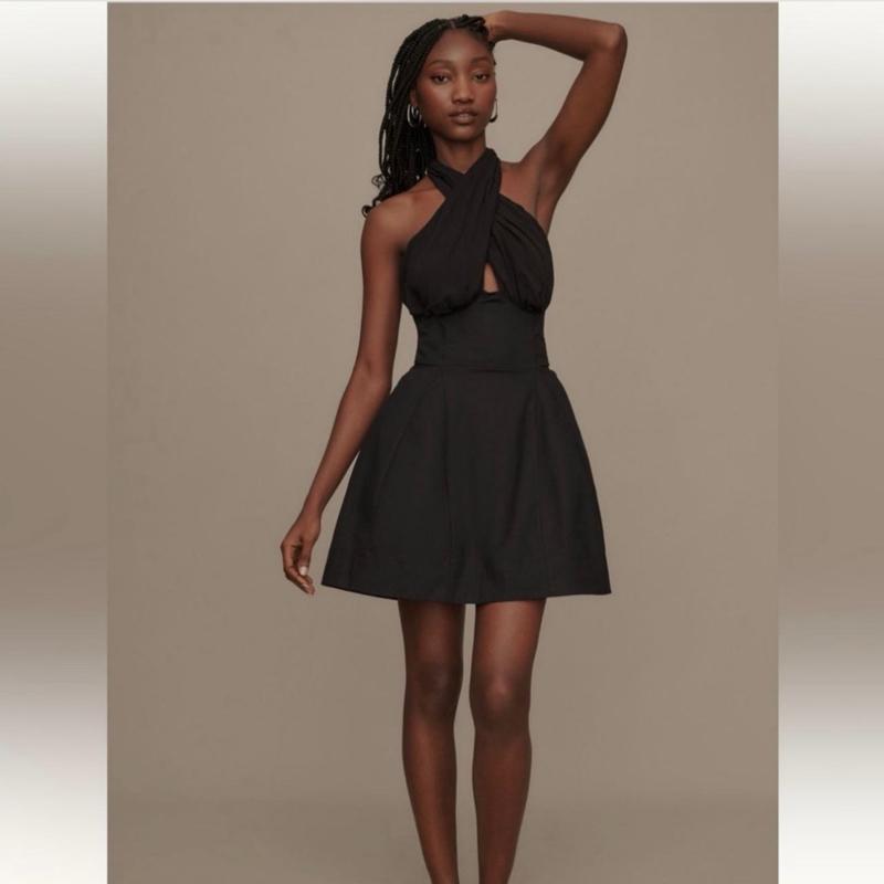 Anthropologie Maeve Medium Brand NEW with tags originally $158 black LBD twist Ruched halter smocked fit and flare mini dress night out wedding guest sorority party dress special  occasion