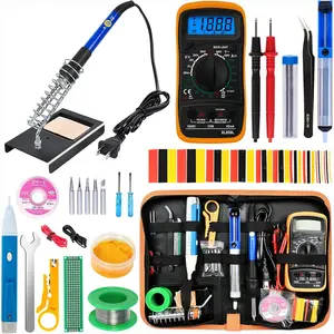 Soldering Iron Kit, 60W Adjustable Temperature, Digital Multimeter, 5pcs Soldering Tips, Wire, Stand, Desoldering Pump, Solder Wick, Tweezers, Welding Tool