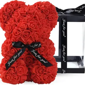 Rose Bear Rose Teddy Bear 10 Inch Artificial Rose Flower Bear, Wedding Mother's Day Anniversary Gift, Includes Transparent Gift Box