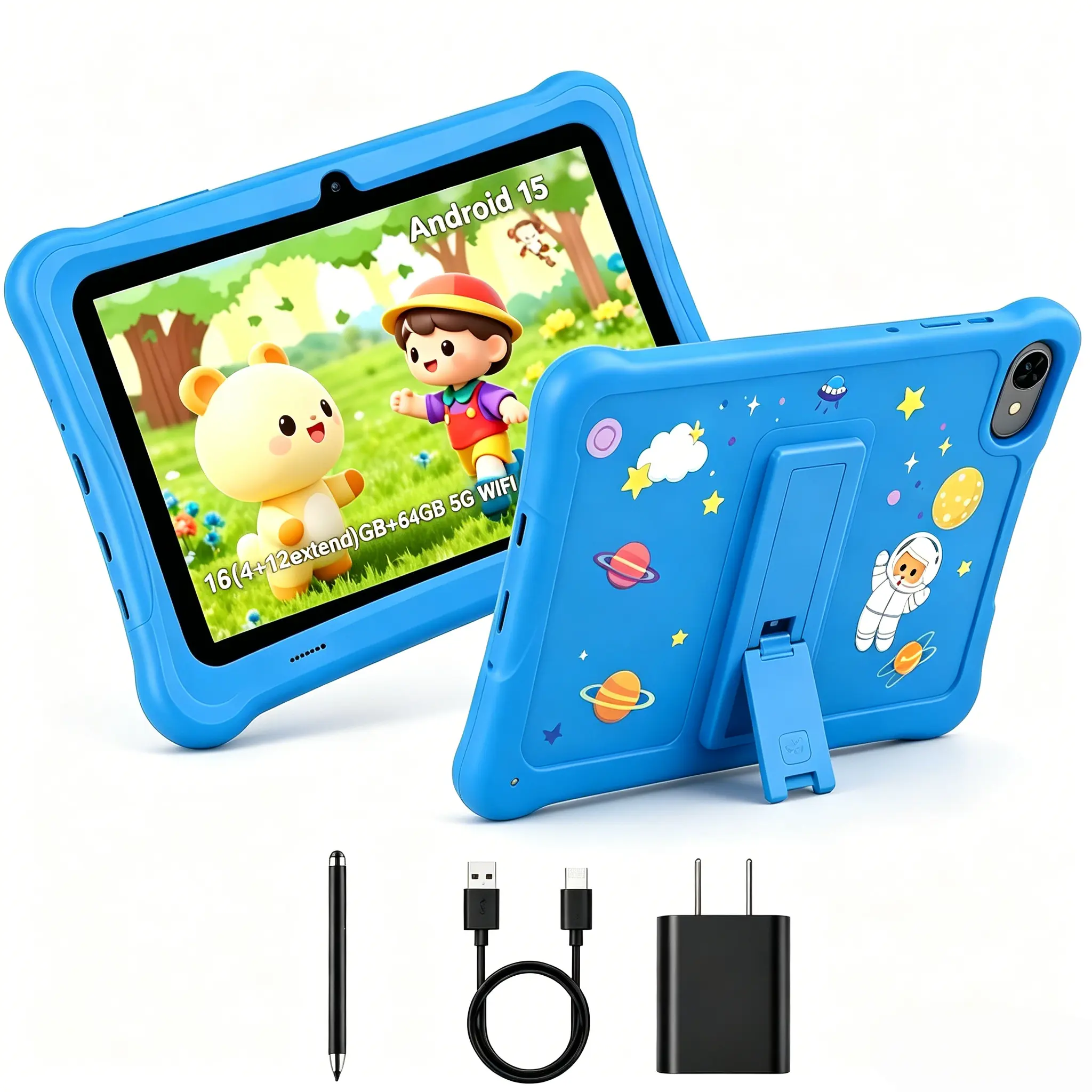 Redbeat B2 Kids Educational Tablet Android 15, 16GB+64GB 5G WiFi, Shockproof Silicone Case with Stand, Parent Control Learning Tablet Gift for Boys Girls