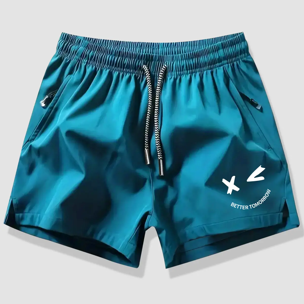 Men's Summer Quick-Dry Sports Casual Shorts with Smiley Face Print, Adjustable Drawstring Waistband and Zipper Pockets, Lightweight Polyester Fiber Beach Workout Shorts, Durably Comfortable Breathable Elastic Drawstring Jogger Shorts Zipper Athletic Short