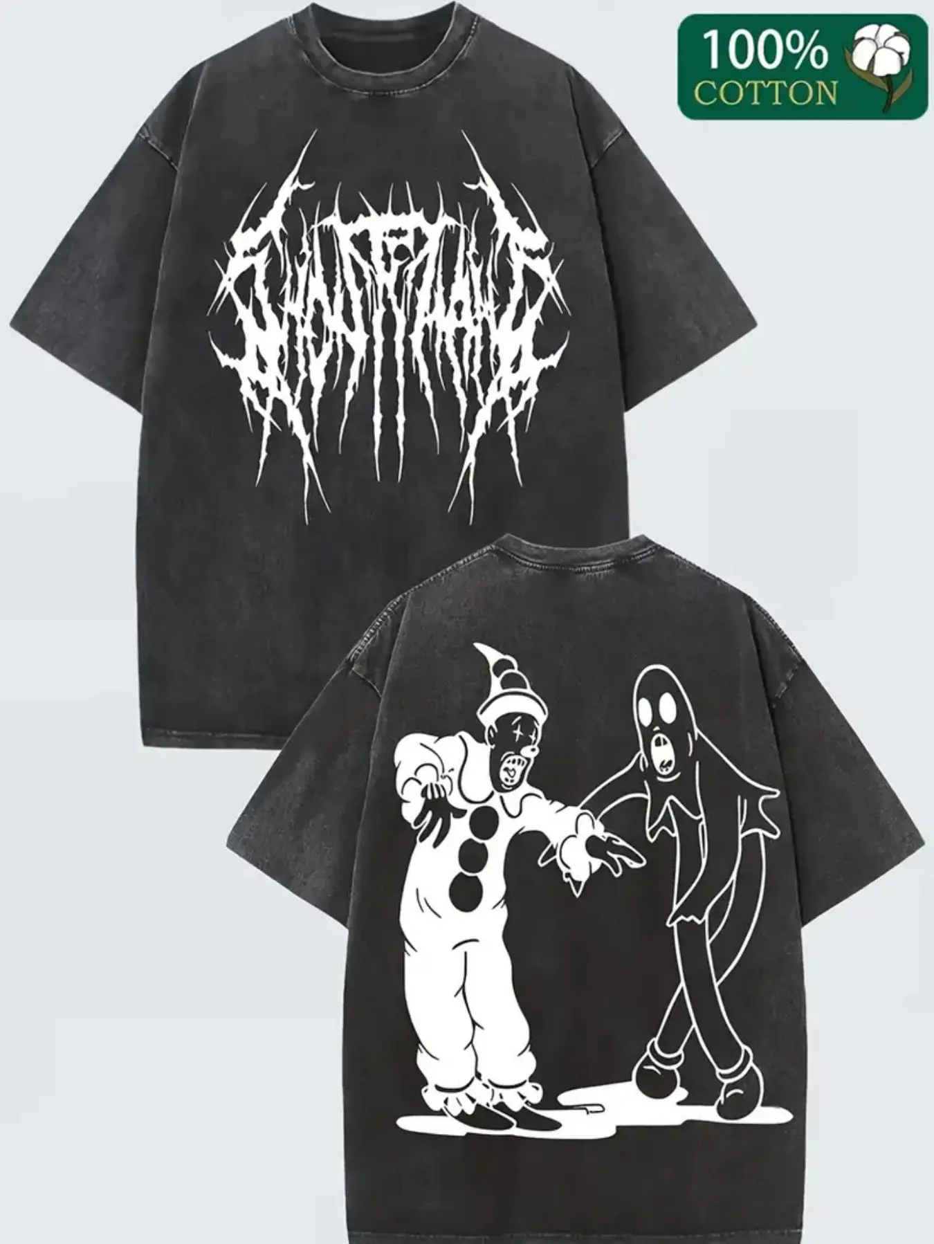 Ghostemane Clown & Ghost Graphic Tee | Vintage Washed Gothic Streetwear Aesthetic | Oversized Boxy Fit Heavyweight Cotton Tee, Breathable Drop Shoulder, Machine Washable Pre Shrunk Casual Streetwear