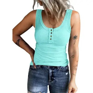 Women's Sleeveless Henley Tank Tops Ribbed V Neck Button Down T Shirts Summer Slim Fit Tee TopsGift