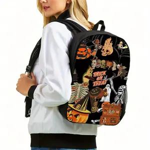 Retro Halloween Trick-or-Treat Print Backpack, Water Resistant, Lightweight, Fits 15-inch Laptop, Breathable Straps, Spooky Pumpkin & Skeleton Design for Teens