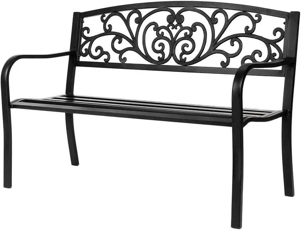 VINGLI Outdoor Bench for Patio Metal Garden Bench w/PVC Back Pattern, Black Park Bench Front Porch Bench for Yard Lawn Decor Deck Entryway