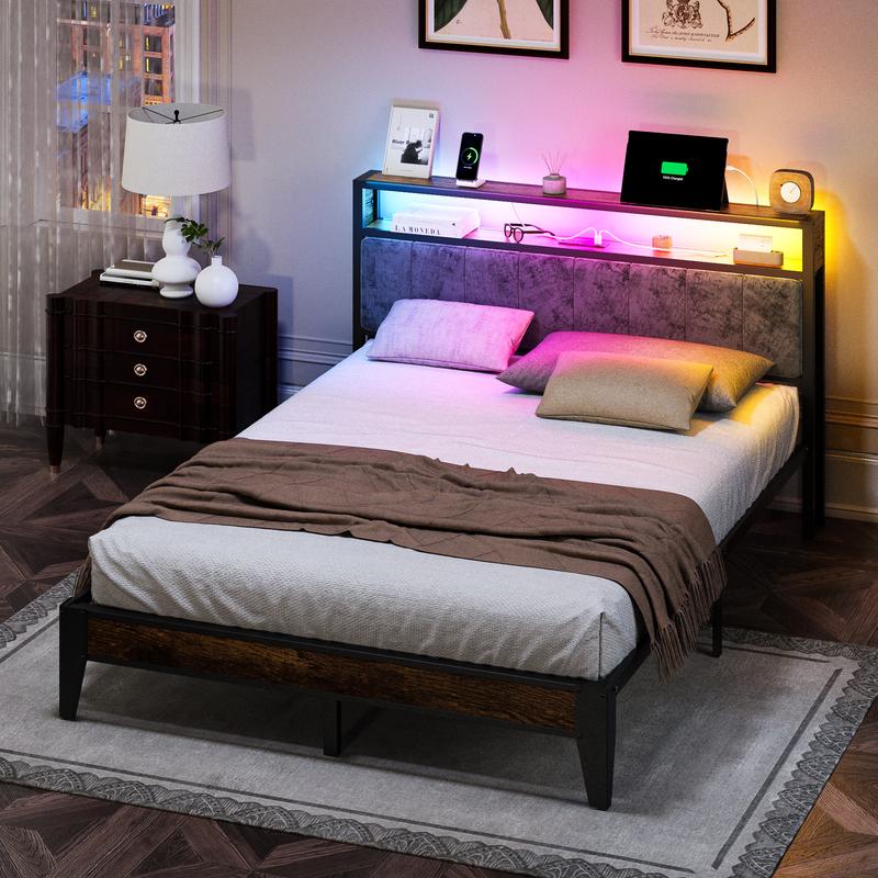 DAYAGO Twin/Full/Queen/King Bed Frame Metal Platform Bed with Headboard, 2-Tier Storage and LED Light, Charging Station Type C & USB Ports, No Box Spring Needed gamer  bed