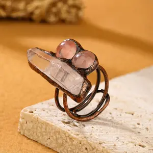 Natural Clear Quartz Rose Quartz Adjustable Ring Vintage Copper Open Ring For Daily Wear Positive Energy Feng Shui Jewelry Gift For Women