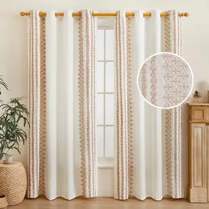 Linen Curtains for Bedroom 84 Inches Long  Farmhouse Curtain for Living Room Beige Cottage Curtain Boho Embroidered Geometric Patterned Curtains Bedroom 2 Panels, 55 X 84 Inch, Beige