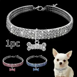 3 rows of rhinestone elastic necklace dog chain cat crystal collar pet supplies small dog jewelry, Pet dog rhinestone adjustable necklace