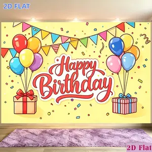 2D Flat Banner 1pc, Party Banners Banner, Polyester Backdrop Yellow Background Balloon Pennant Gift Box Happy Birthday Red, for Party Decor Room, Home, Garden, Club, Farm, No Electricity, Easy to Hang Gift for