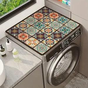 Vibrant Vintage Colorful Tile Washing Machine Cover, Waterproof Durable Zeolite Material, 23.62x19.69 Inches, Floral Pattern for Kitchen Laundry Room Decor