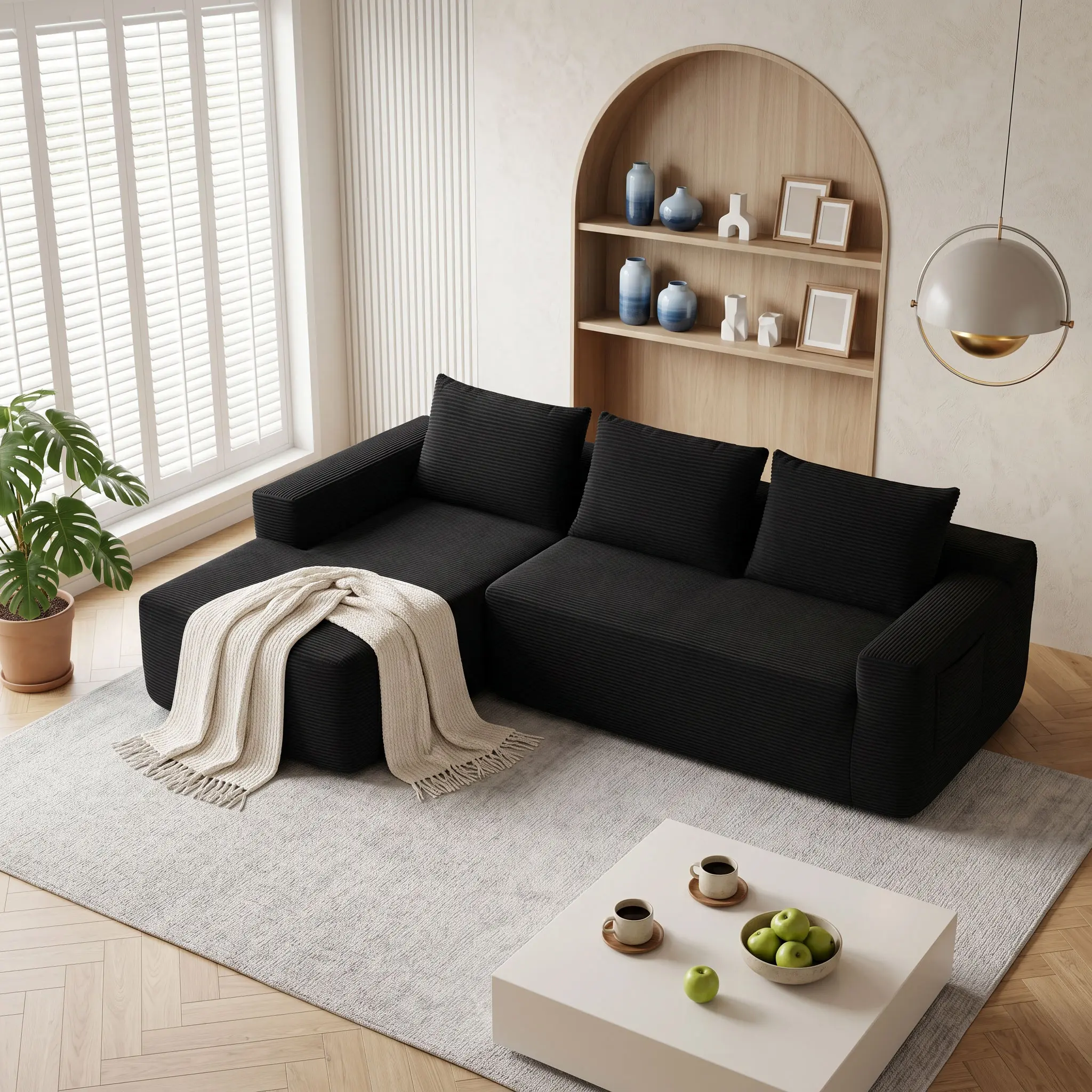 L-shaped modern chenille sofa combination, free to build living room and bedroom multi-purpose (with side lying position), , modern style with chaise longue boneless elegante cloud couches