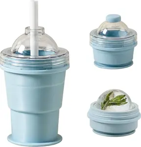 Ice Maker Cup, 2-in-1 Foldable Silicone Ice Ball Maker Cup, One Glass Ice Maker, Reusable Portable Ice Sphere Mold with Straw and Lid, Compact Foldable Blue Design