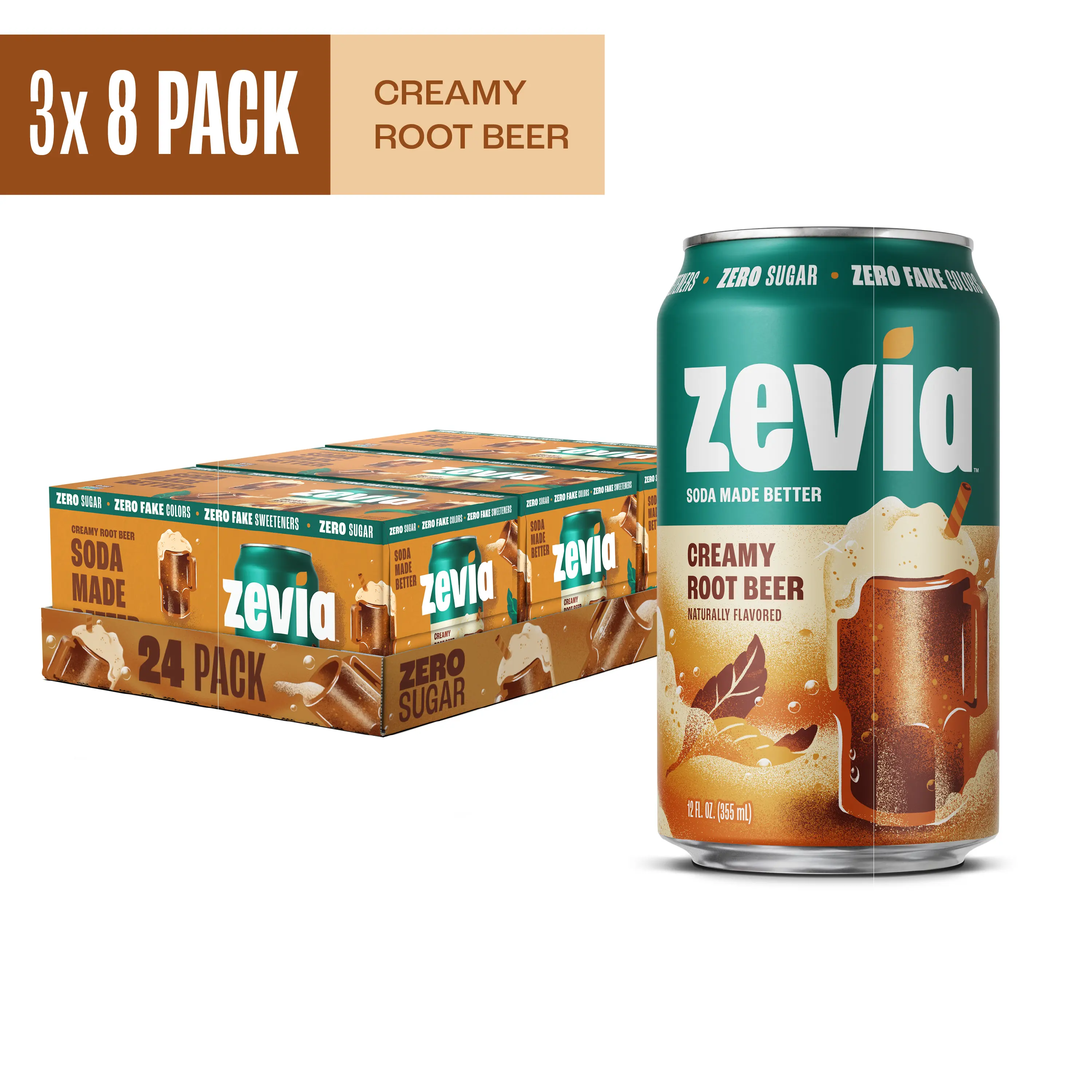(3 pack) Zevia Zero Sugar, 0 Calorie Creamy Root Beer Soda Pop, 12 fl oz, 8 Pack