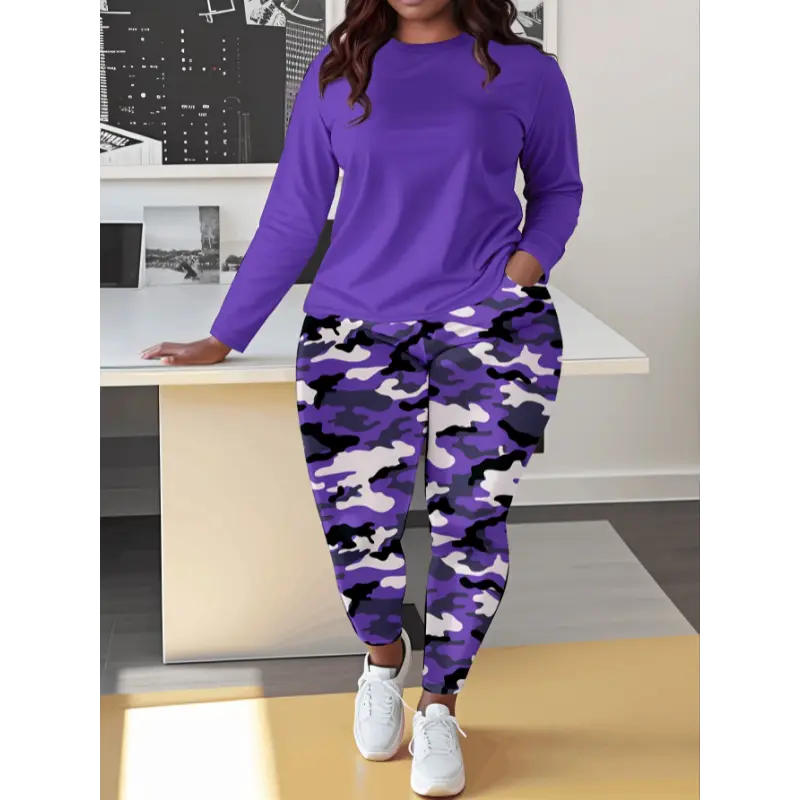 Women's 2-Piece Pajama Set in Plus Size, Casual Camouflage Print Polyester Loungewear with a Round Neck Long Sleeve Top and Pants with Pockets, Plus Size Fashion, Pajama Sets Women, Female