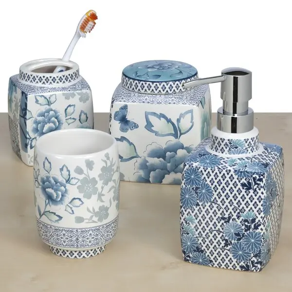 Watson Classic 4-Piece Blue and White Ceramic Bathroom Accessory Set - French Country Floral Design, Bathroom Decor, Contoured Soap Dish with Drainage Groove, Toothbrush Holder