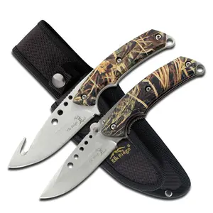 Elk Ridge - 2PC Knife Set Gut Hook and Folding Pocket Knife - Jungle Camo Coated Wood Handles ER-054CA