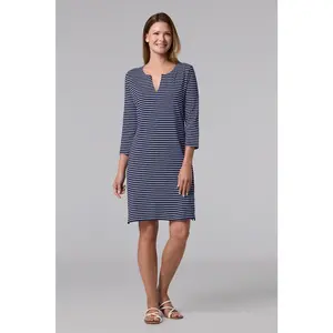 Women's Oceanside Tunic Dress with 3/4 Sleeve | Navy/White Stripe