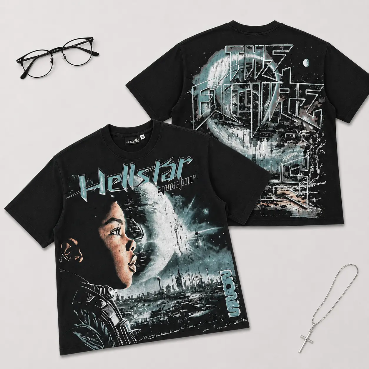HELLSTAR Men's Heavyweight Pure Cotton Graphic T-Shirt, Y2K Rap Round Neck Short Sleeve Tee, Premium Casual Streetwear