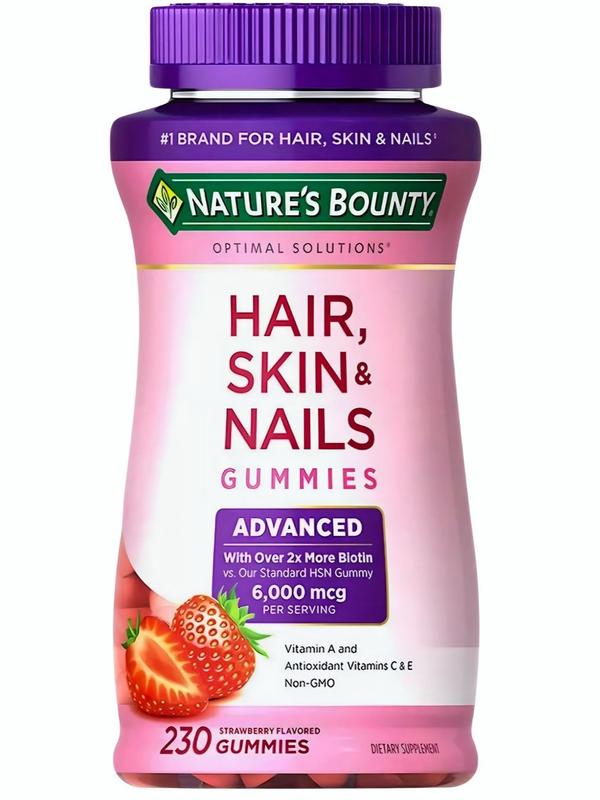 Hair, Skin & Nails Gummies – "Glow naturally with Nature's Bounty Advanced Hair, Skin & Nails Gummies –  230 strawberry-flavored gems for radiant beauty!"
