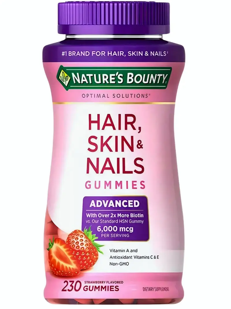 Hair, Skin & Nails Gummies – "Glow naturally with Nature's Bounty Advanced Hair, Skin & Nails Gummies –  230 strawberry-flavored gems for radiant beauty!"