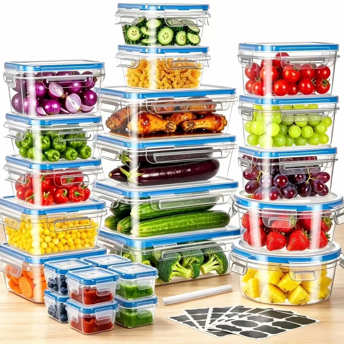 24pcs  Food Storage Containers with Lids - Meal Prep Airtight Bento Boxes BPA-Free 100% Leak Proof (15 lids,15 glass & 5 Plastic Sauce/Dip Containers)