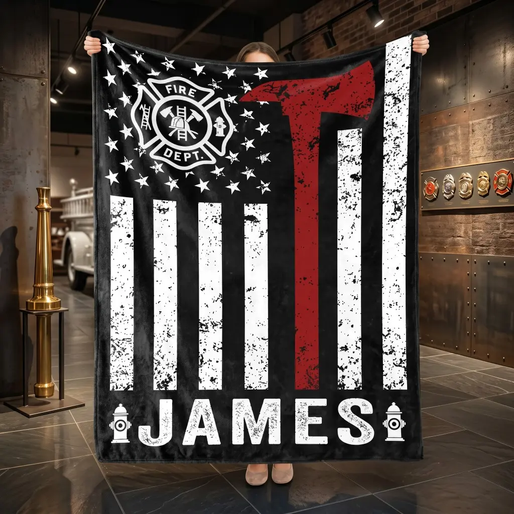 Personalized Firefighter American Flag Throw Blanket, Custom Name Fire Dept Design, Gift for Firefighters