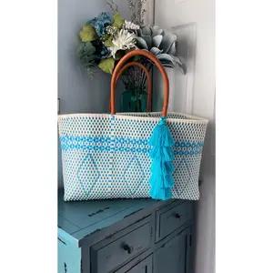 Light Blue & Beige Open Jumbo Tote Handwoven Bag