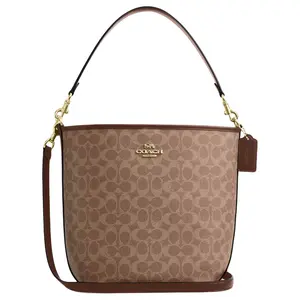 COACH City Bucket 35 Handbag for Women – Monogram-Print Coated Canvas Sling Bag in Tan