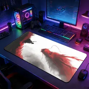 Red Black Ink Wash Samurai Duel Large Extended Gaming Mouse Pad, Non-Slip Rubber Base Stitched Lock Edge Desk Mat, Wuxia Aesthetic Artistic Design Desk Pad, Durable Computer Accessory for Home Office & Gaming Setup, Perfect Gift for Gamers & Wuxia Fans