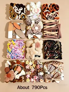 790 pcs/set Brown Series Girls' Hair Accessories Combo Set, hair-friendly hair ties, bow hair clips, multifunctional duckbill clips, flower clips, small claw clips, Hair Styling Accessories, suitable for everyday hairstyles and creative hair designs