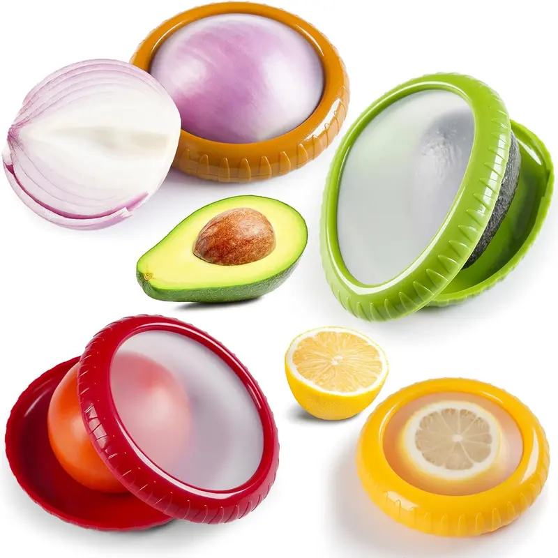 4-Piece Silicone Kitchen Avocado Saver & Onion Storage Set - Reusable Food Organizer Pod Form with ABS Plastic Cover, Wet-Hand Grip, Imitation Shape, Freshness Seal, Anti-Oxidation Moisture Block for Half-Size Fit, Fridge Organization