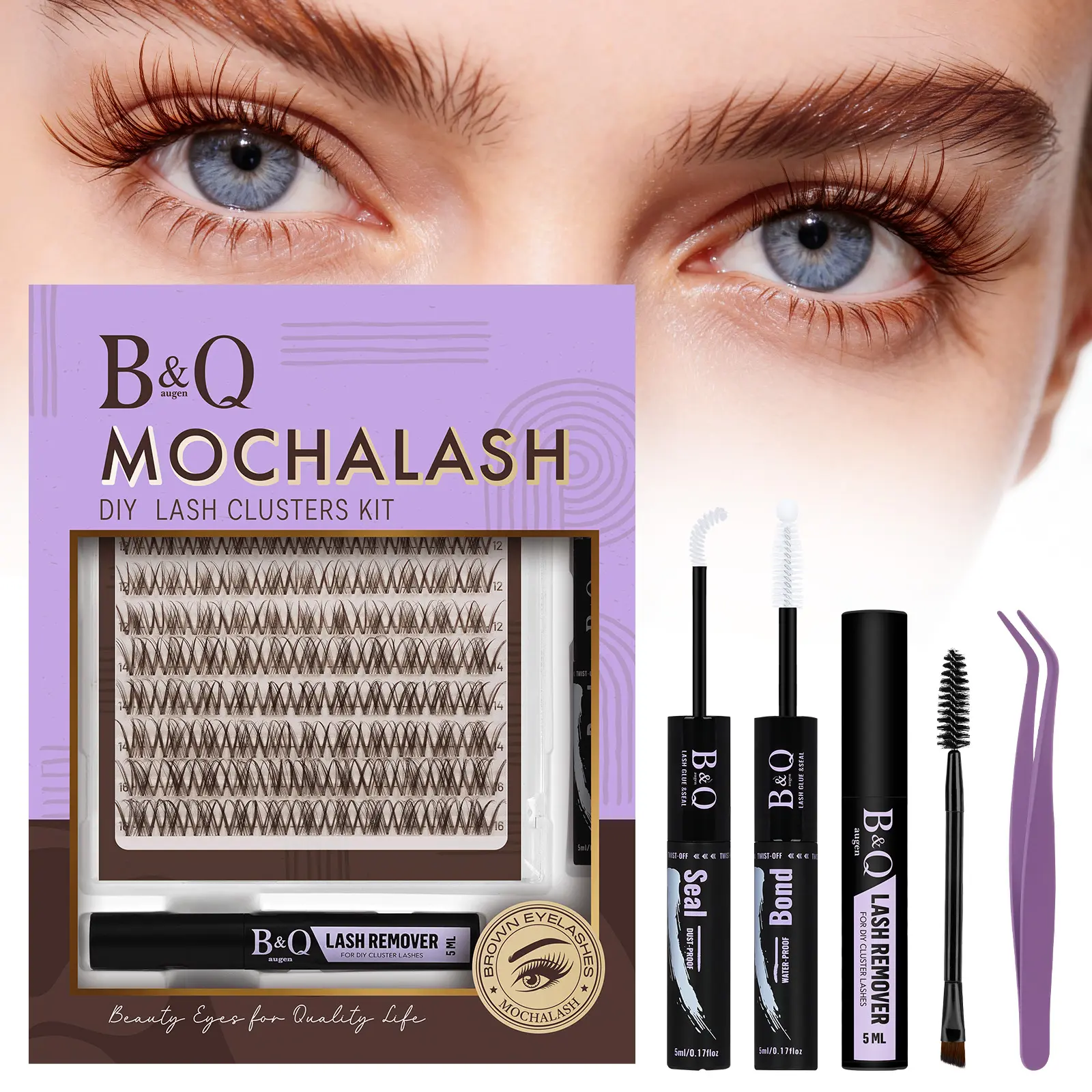 Brown Breeze Lash Kit l B&Q Super Soft Thin Band, Waterproof Long-Lasting, Beginner-Friendly Daily Wear Cluster Lashes for Flawless Voluminous Look, Look like Real Lashes
