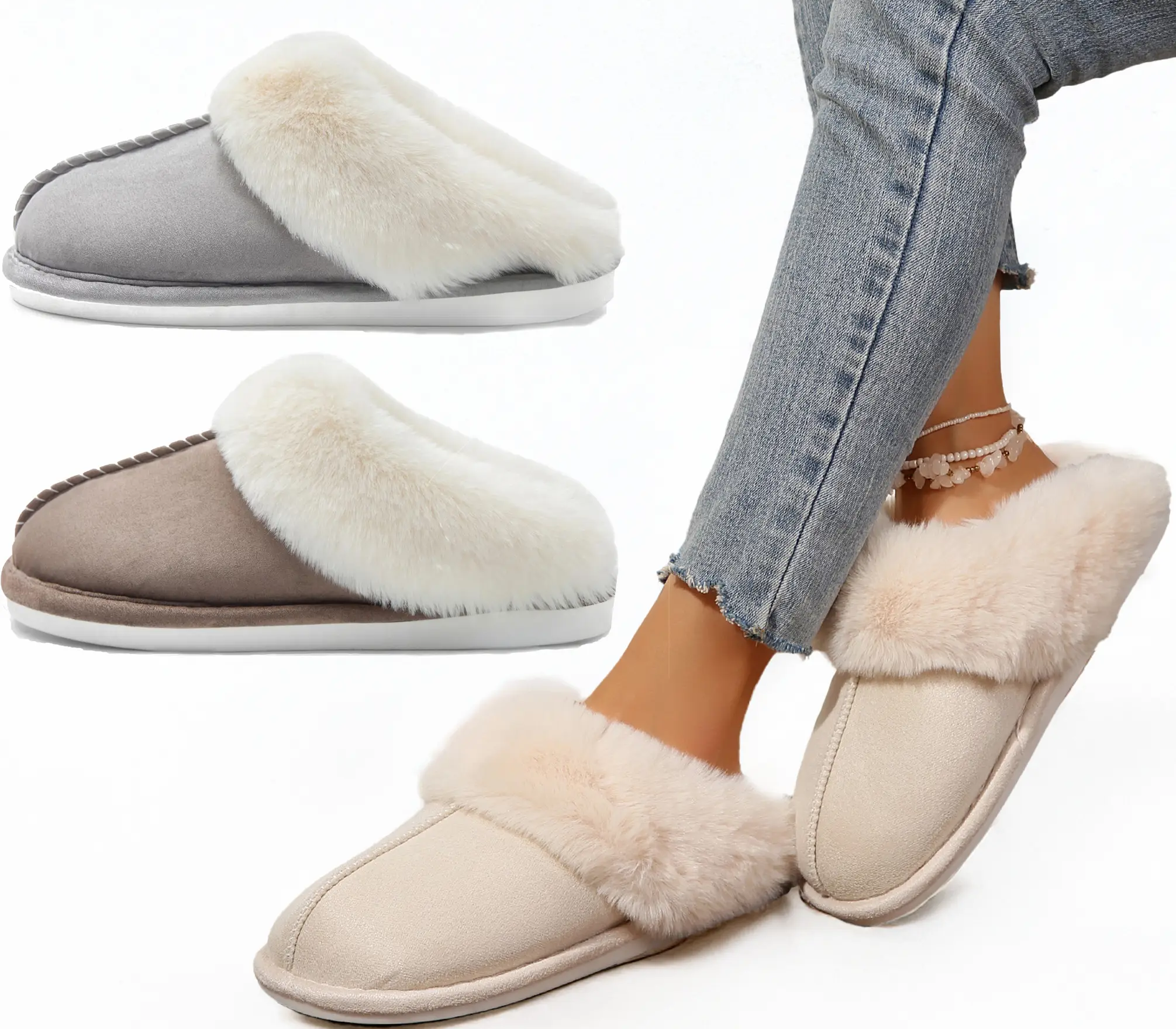 Fuzzy House Slippers for Women Fluffy Memory Foam Suede Slippers with Faux Collar Indoor Outdoor Winter Warm Shoes