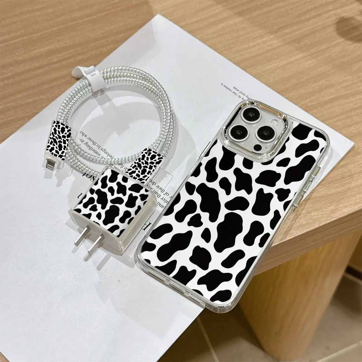 6-Piece iPhone Case Set, Casing, Metal Frame Cow Skin Pattern, Shockproof, Includes Charger Head, Data Cable Protector, Storage Lanyard, Accessories, for iPhone 11-16 Pro Max