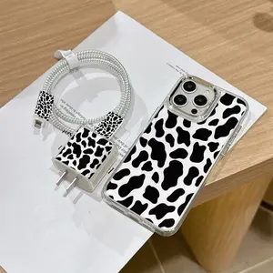 6-Piece iPhone Case Set, Metal Frame Cow Skin Pattern, Shockproof, Includes Charger Head, Data Cable Protector, Storage Lanyard, for iPhone 11-16 Pro Max