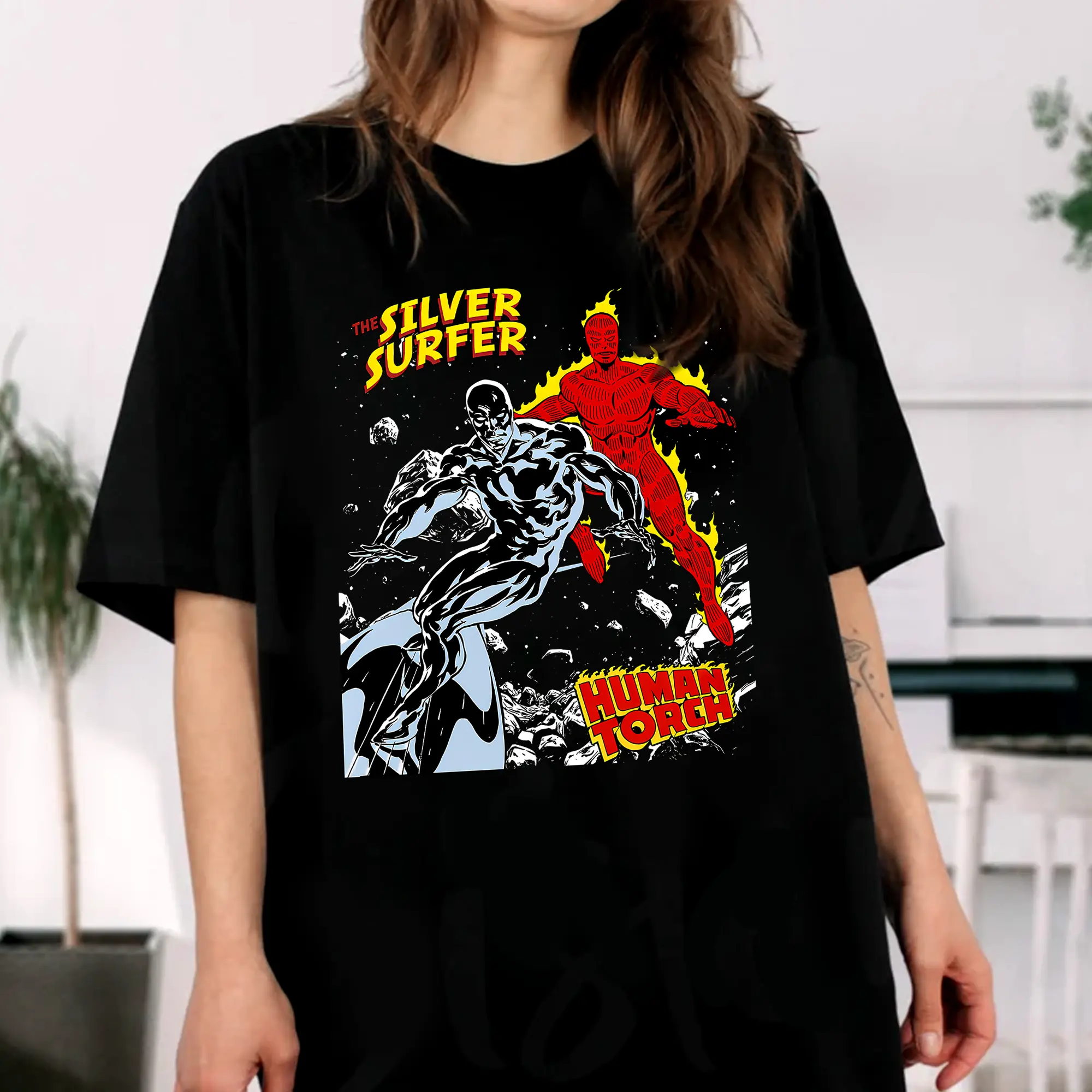 Women's Silver Surfer vs Human Torch Graphic T-Shirt - Unisex Soft Cotton Fabric Round Neck Short-Sleeve Casual Streetwear Top, Made in USA Fan Gift