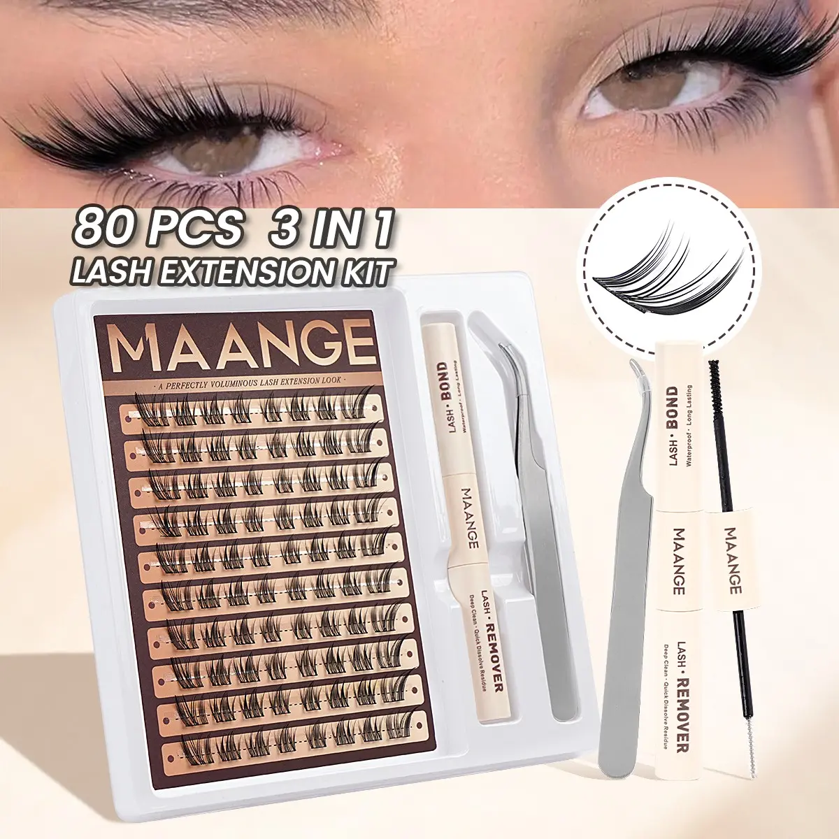Maange Eyelash Extension Kit, Eyelash Extensions Set, 80 Eyelash Clusters Segmented Volumized False Lashes + Glue + Tweezers, Cross Style, Solid Form, Makeup Tools, Volumized False Eyelashes