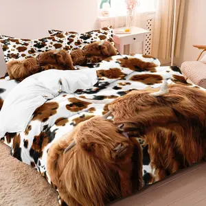 Highland Cow Digital Print Bedding Set, 3-Piece (1 Fitted Sheet + 2 Pillowcases), No Core, Polyester Fiber 90g, Comfortable & Stylish, Decorative Bedding Set