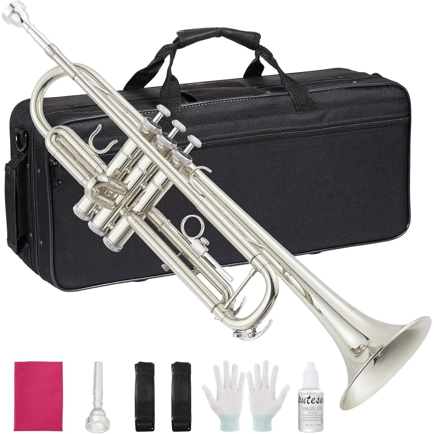 Nickel-Plated Brass Bb Trumpet with Lacquer Finish - Unisex Musical Instrument Starter Kit for Beginners, Includes Case, Mouthpiece, Gloves, Cleaning Kit, Polish Cloth Care, Warm-Bright Sound for School Band Practice & Performance