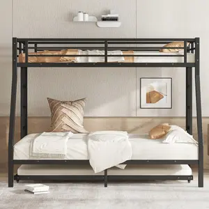 Twin over Full Metal Bunk Bed with Twin Size Trundle, Heavy-Duty Metal Bunk Bed Frame, Noise Fee, Black