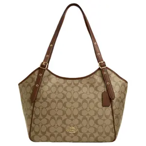 COACH Meadow 33 Logo-Embossed Canvas and Leather Tote Bag for Women, Classic Monogram Style, Khaki
