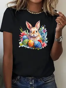 Women's Easter Bunny & Egg Print T-Shirt - Spring Casual Round Neck Tee, Colors for Easter Outfits, Machine Washable Comfortable Spring Festival Apparel