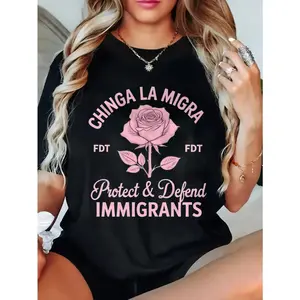 Raglan T-Shirt Black Chinga La Migra FDT FDT Protect & Defend Immigrants Pink Rose Graphic for Casual Wear