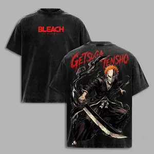 Ichigo Getsuga Tensho Anime Washed Tee, Vintage Bleach Streetwear Graphic T-shirt, Unisex Cotton Loose-Fit men's t shirts, Gift for Anime Bleach Fan Merch summer outfits